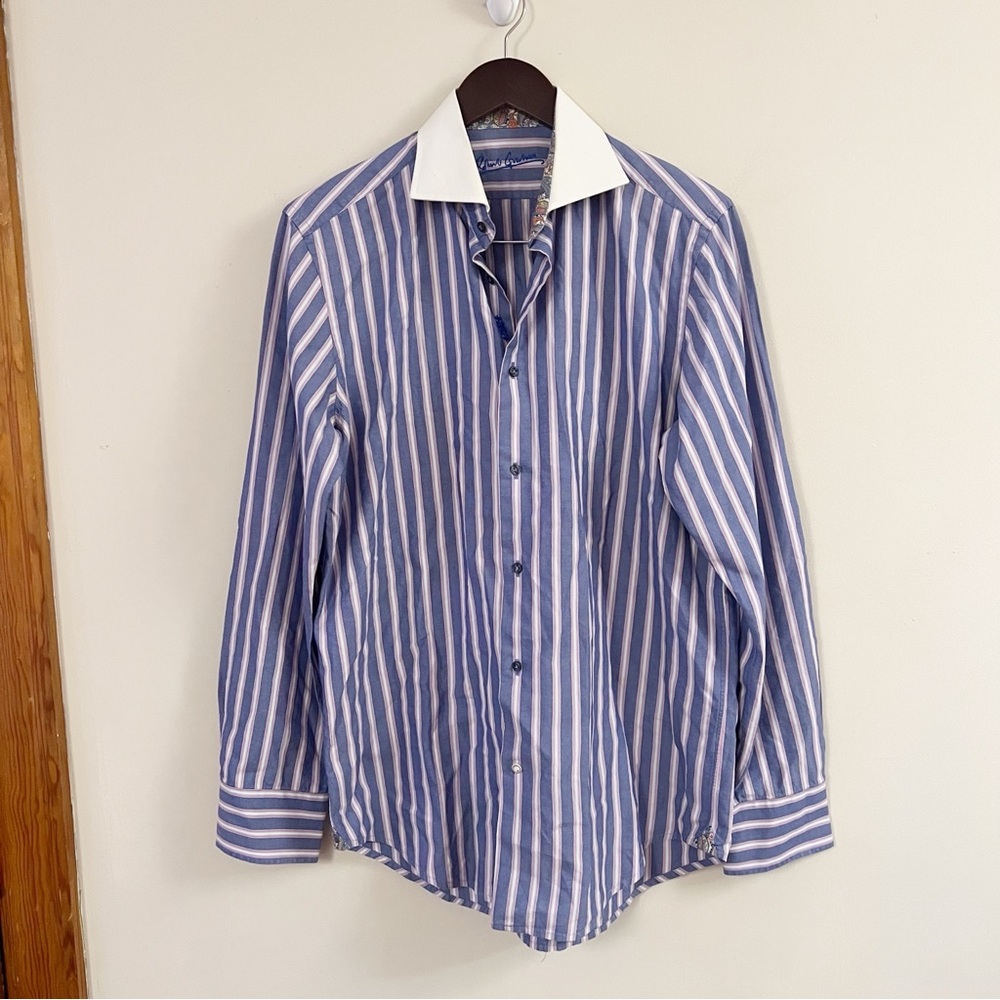 Robert Graham Blue/Pink Striped Button Down Shirt Paisley Print Flip Cuff 41/16